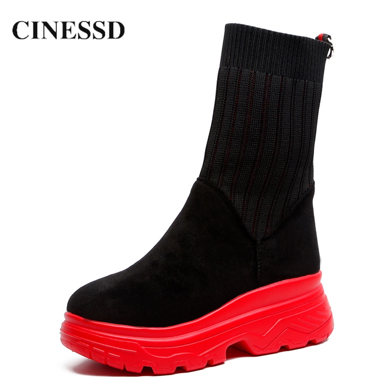 CINESSD Women Mid-calf Boots Winter Autumn Square Chunky Heels Female Booties Red Bottom Short Boot Ladies Cotton Knit Shoes
