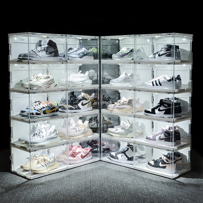 Clear LED Light AJ Shoe Box Sneakers High Tops Organizer Voice Control Shoebox Stackable Football Shoes Collection Display Rack
