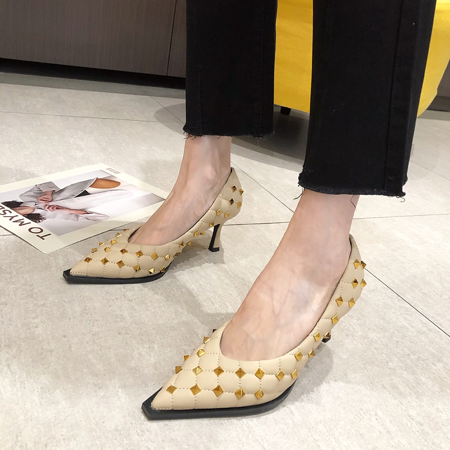 Comfortable Women High Heels Rivet Office Ladies Pumps Shallow 6.5cm High-heeled Shoes Woman Elegant Dress Fashion 2021 New