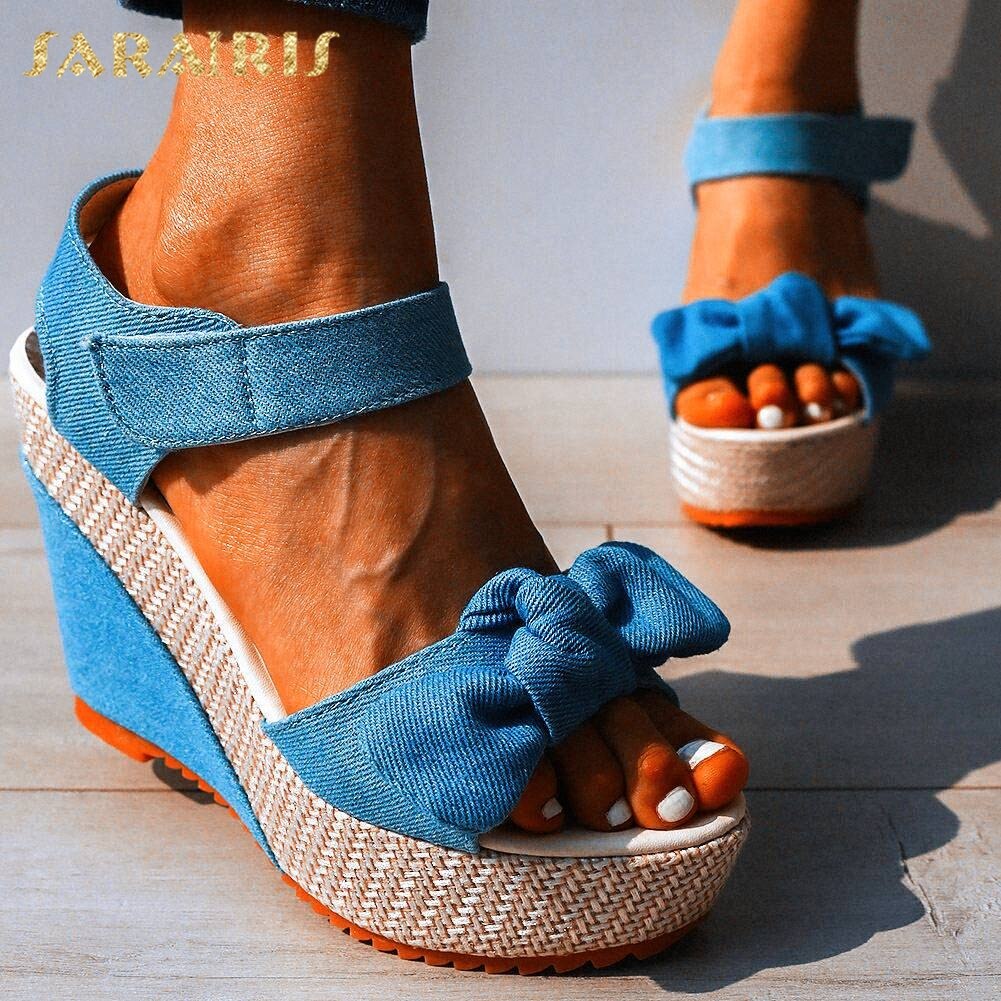 Comfy For Walking High Heels Drop Ship Sweet Bow Denim Leisure Wedges Sandals Female Summer Platform Shoes Women