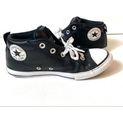 Converse Shoes | Converse Chuck Taylor All Star Youth Black Mid Top Leather Shoes Size 4, Lace Up | Color: Black | Size: 4g
