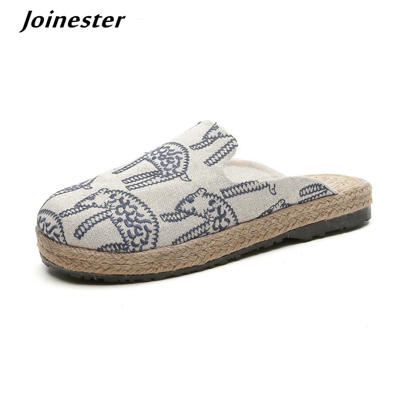 Cotton Fabric Women Summer Slippers Ladies Casual Flat Heel Retro Slides Backless Slip On Sandals for Girls Wide Toe Dress Shoe