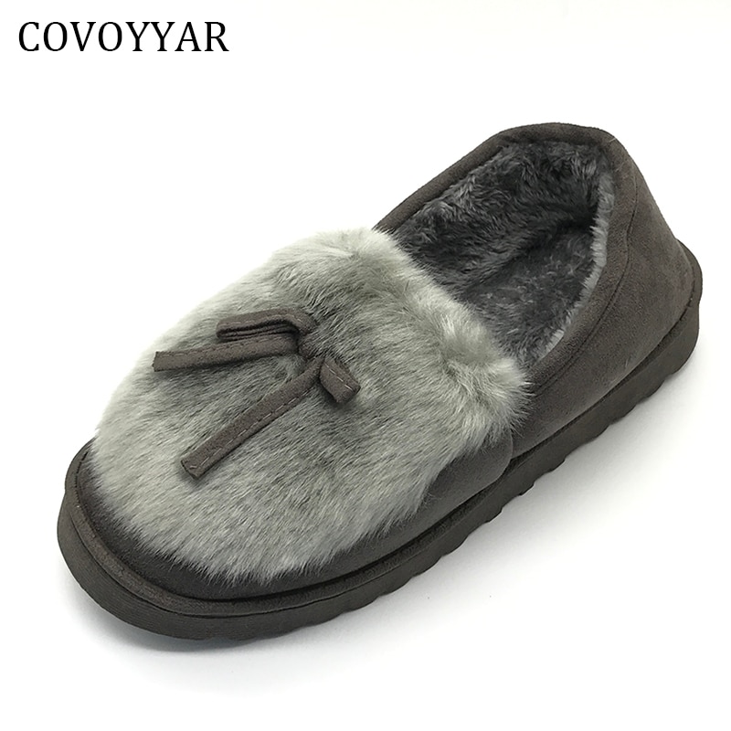 COVOYYAR 2021 Autumn Winter Women Ballet Flats Lovely Bow Warm Fur Comfort Cotton Shoes Woman Loafers Slip On Size 40 WFS252