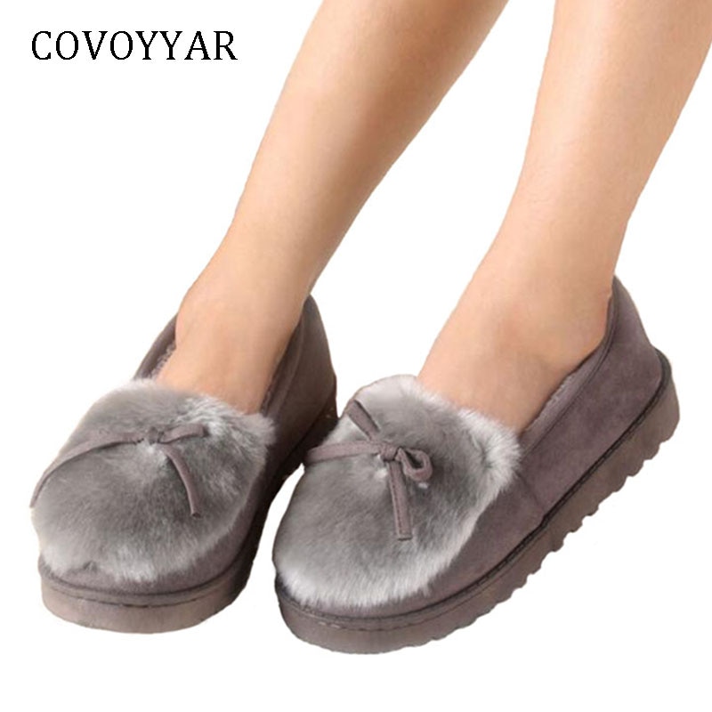 COVOYYAR Hot 2021 Warm Bow Women Flats Autumn Winter Comfort Fur Padded Cotton Shoes Woman Snow Boots Slip On Plus Size WFS252