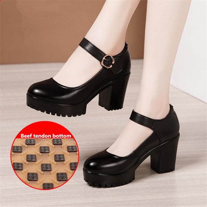 Cowhide high heels women's platform round toe Shallow mouth work shoes women's single shoes girls leather shoes large size
