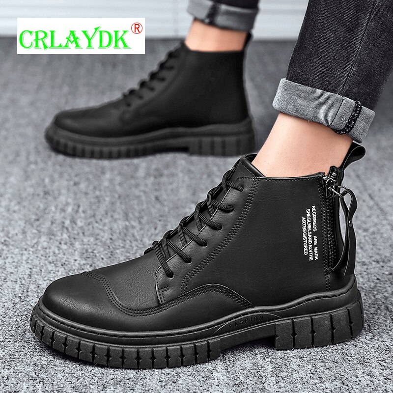 CRLAYDK Fashion Leather New Men's Tooling Boots Outdoor Casual Motorcycle Hiking Wear-resistant Shoes Work Side Zipper Booties