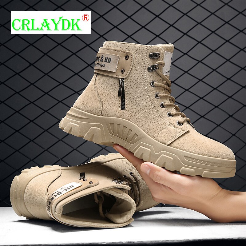 CRLAYDK Men's Casual Outdoor Work Boots Ankle Side Zipper Leather Shoes Fashion Anti Slip Hiking Tooling Comfort Walking Booties