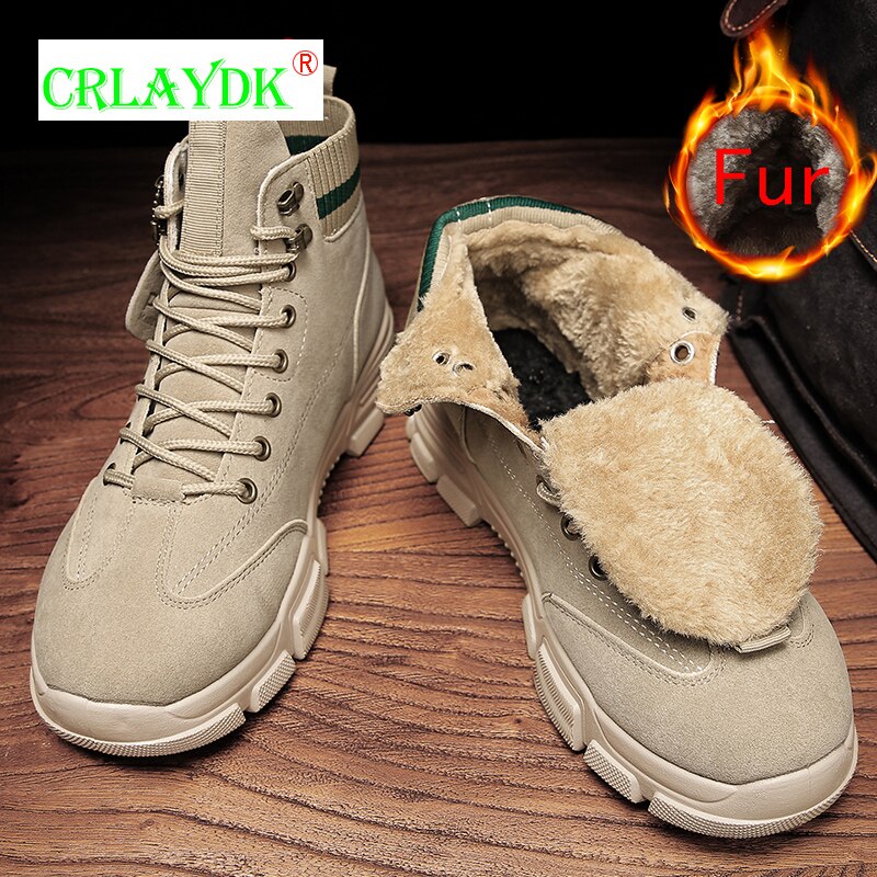 CRLAYDK Winter Men's Fur Lined Outdoor Hiking Boots Fashion Ankle Keep Warm Snow Walking Shoes Male Insulated Outdoor Work Botas