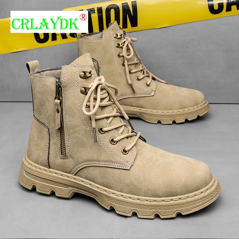 CRLAYDK Winter Men's Tactical Boots Breathable Military Hiking Side Zipper Shoes Work Leather Combat Waterproof Durable Booties