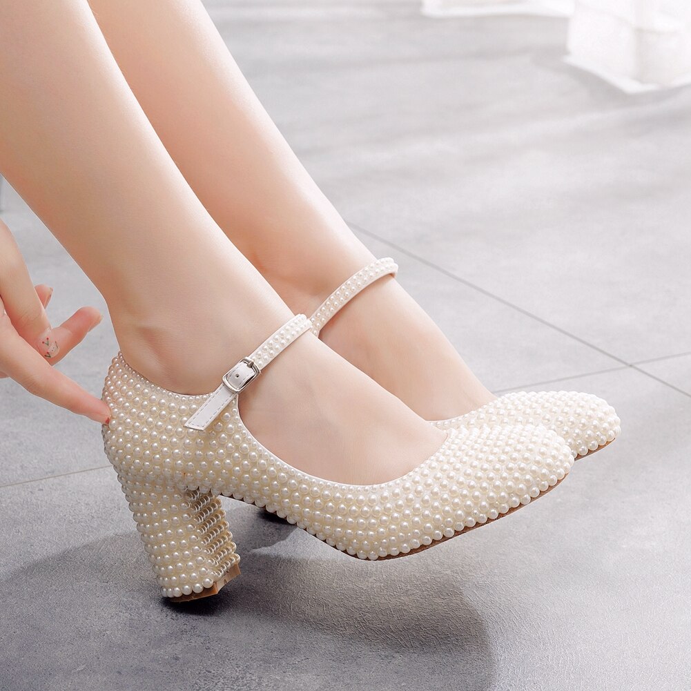 Crystal Queen Platform High Heels Mary Janes White Lolita Women Style Vintage Pumps Party Beige Pearl Wedding Shoes 7CM