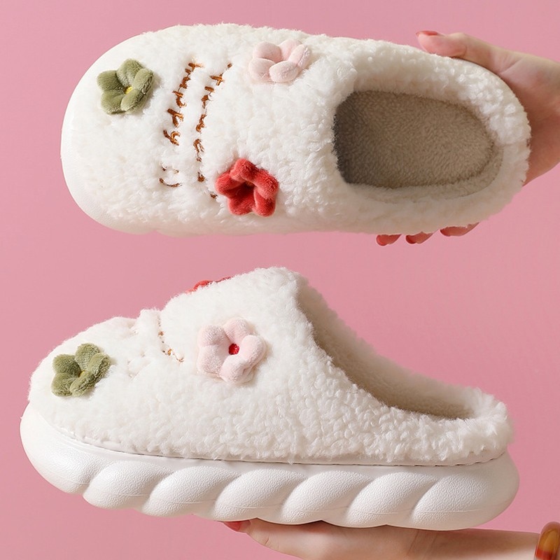 Cute Flowers Home Women Warm Slippers Winter Plush Indoor Cotton Shoes Non-slip 4cm High Heels Thick Soled Furry Fur Slides