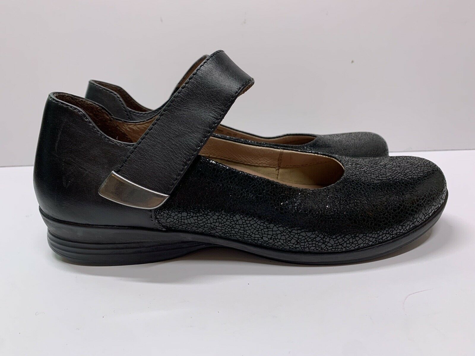 Dansko Audrey Mary Jane Shoes Leather 39 8.5/9 Black Crackled Comfort