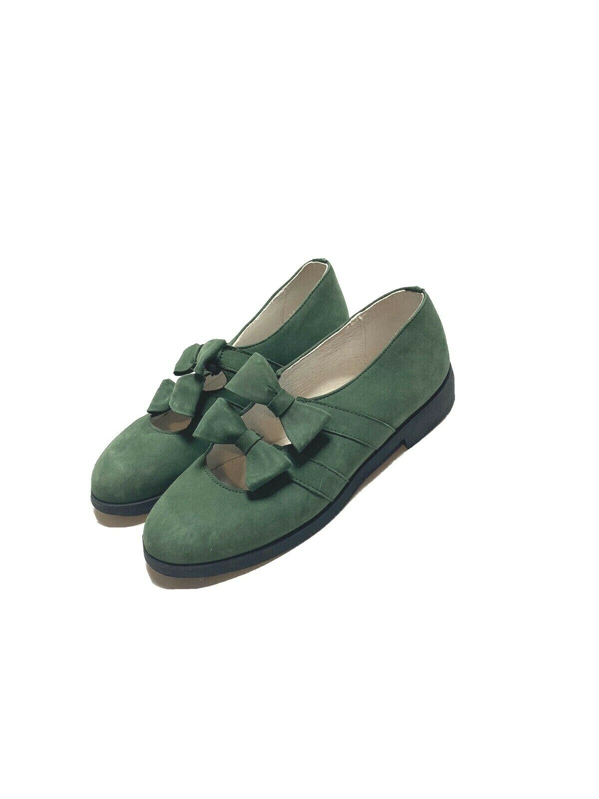 De Osu Faro Girls 30 Emerald Green Nubuck Dress Shoes Bows Handmade European