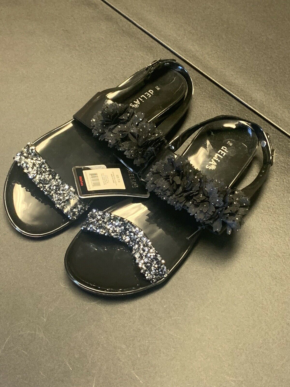 Delias Black Sandal Shoe Size 7/8 Ruffles And Sparkles Sharp Black Womens