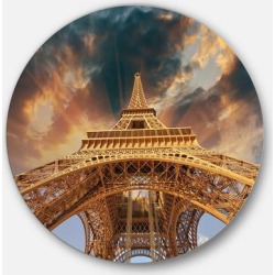 Designart 'Paris Eiffel Tower in Paris with Sunset Colors' Cityscape Large Disc Metal Wall art