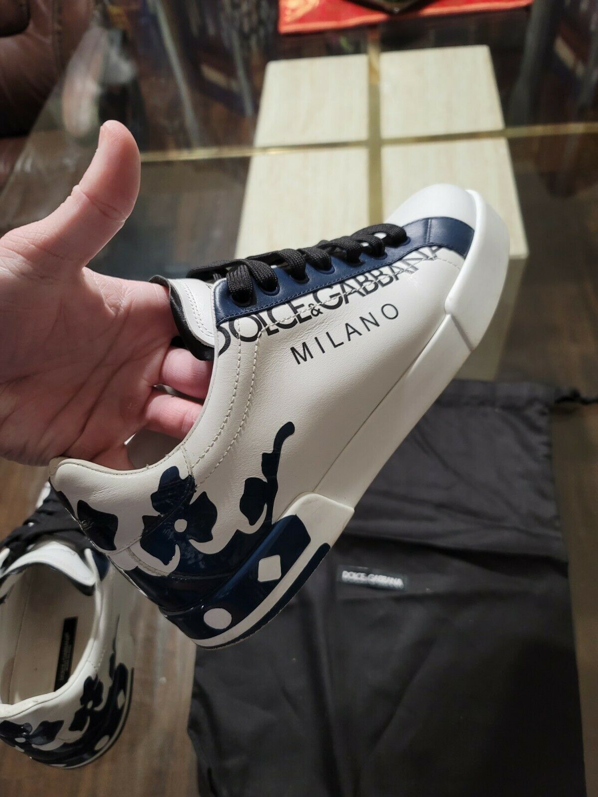 DOLCE & GABBANA Low-Top Sneaker Shoes PORTOFINO Logo Applics White Blue 42