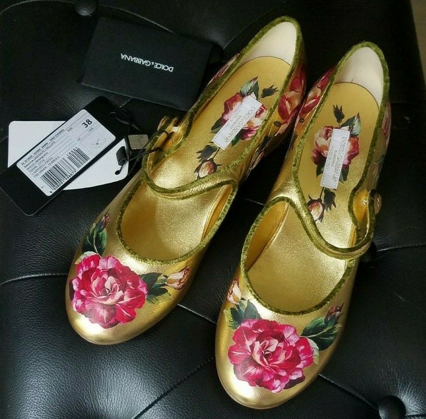 Dolce&Gabbana Gold Leather Floral Shoes Girl US 4.5 Youth/EU Size 38,MadeinItaly