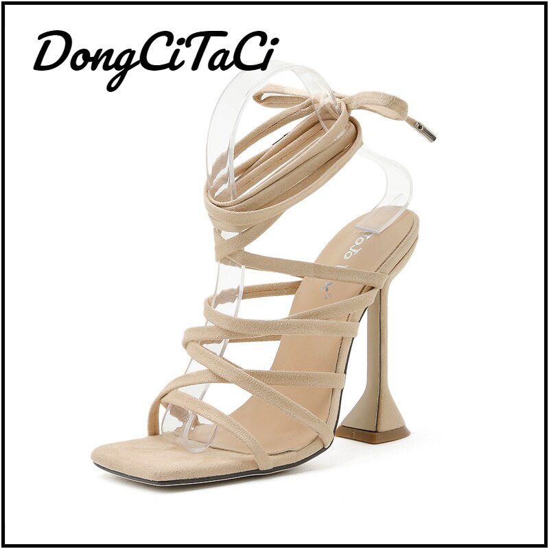 DongCiTaCi Fashion Women's Square Toe High Heels Sandals Party Pumps Shoes for Women Wedding Ankle Strapped Sexy Solid Sandals