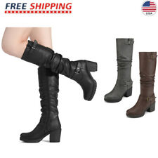 DREAM PAIRS Women's Low Chunky Heel Fur Knee High Zip Riding Boots Shoe Size US