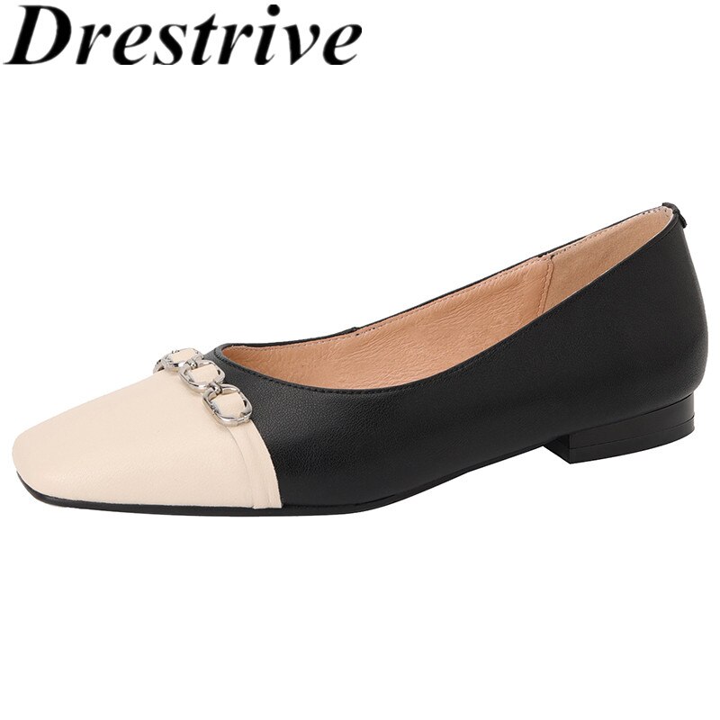 Drestrive 2022 New Women Flats Cow Split Leather Square Toe Patchwork Chain Shallow Low Heels Spring Casual Shoes Dress