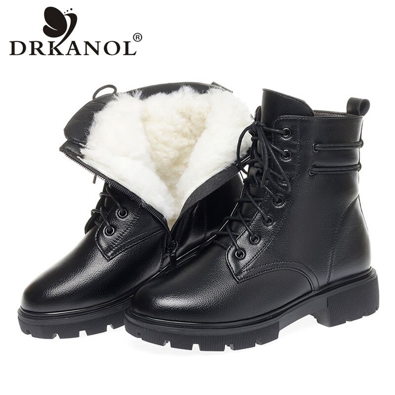 DRKANOL Fashion Women Snow Boots High Quality Cowhide Natural Wool Winter Warm Shoes Non-slip Rubber Sole Flat Ankle Boots Lady