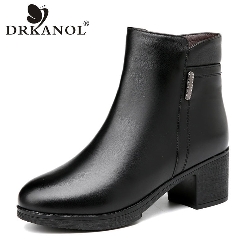 DRKANOL Women Ankle Boots Winter 100% Genuine Leather Natural Wool Warm Boots Small Round Toe Rhinestone Thick Heel Fur Shoes
