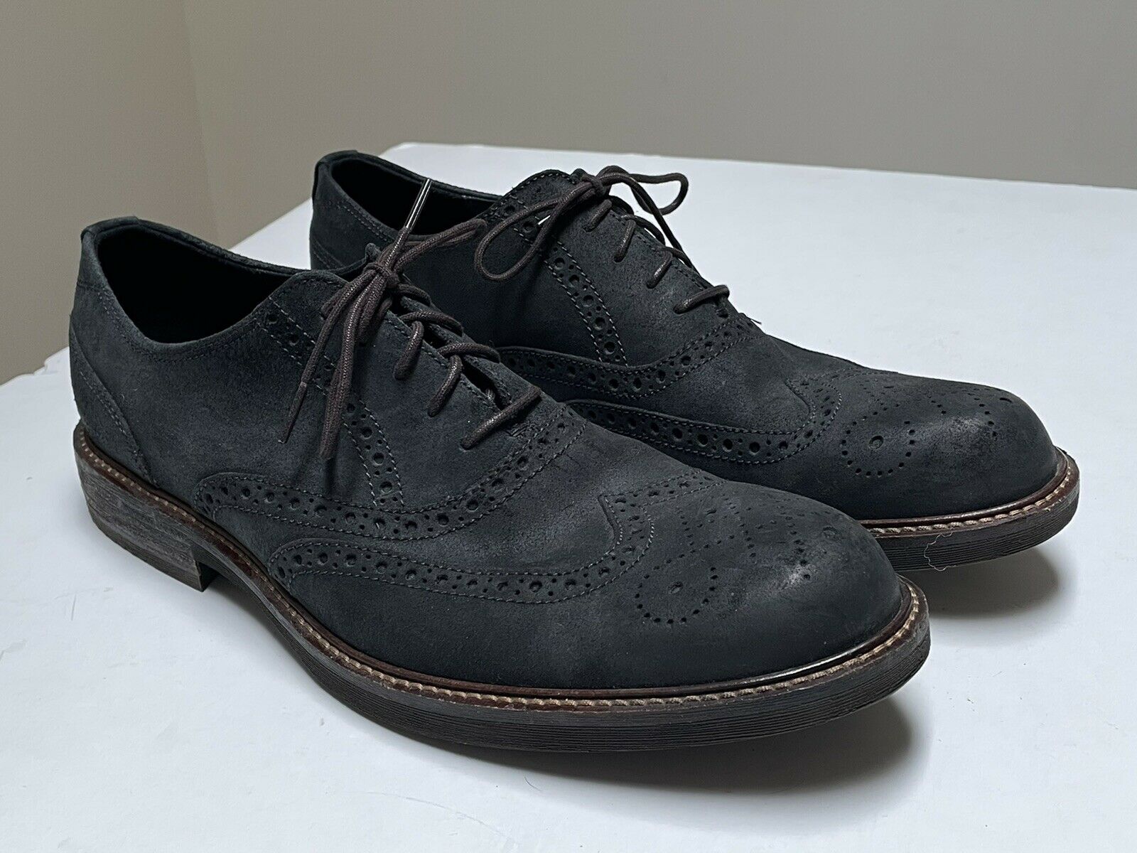 Ecco Mens Black Suede Oxford Wingtip Dress Shoes Mens Size 13 Eu 47