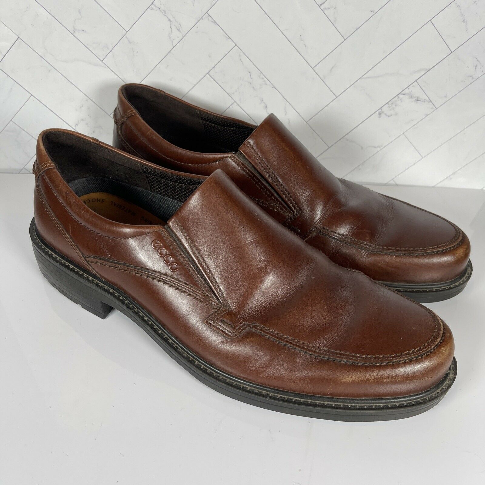 ECCO Mens EU47 14US Brown Leather HELSINKI Comfort Dress Slip On Shoes Loafer