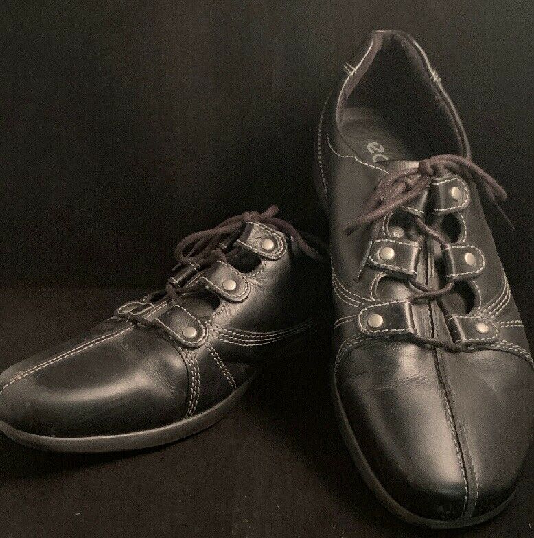 ECCO Women's Black Leather Casual Oxford Lace-Up Stitched Shoes Size 40 9.5 EUC