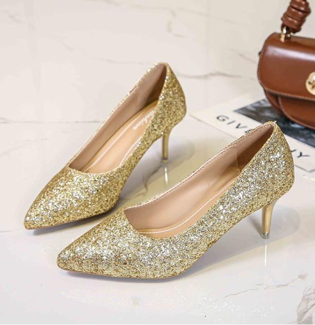 Elegant Ladies Shinning Glitter Gold Silver Pumps Sexy Pointed Toe High Heels Ankle Strap Wedding Party Shoes Woman Dress Shoes