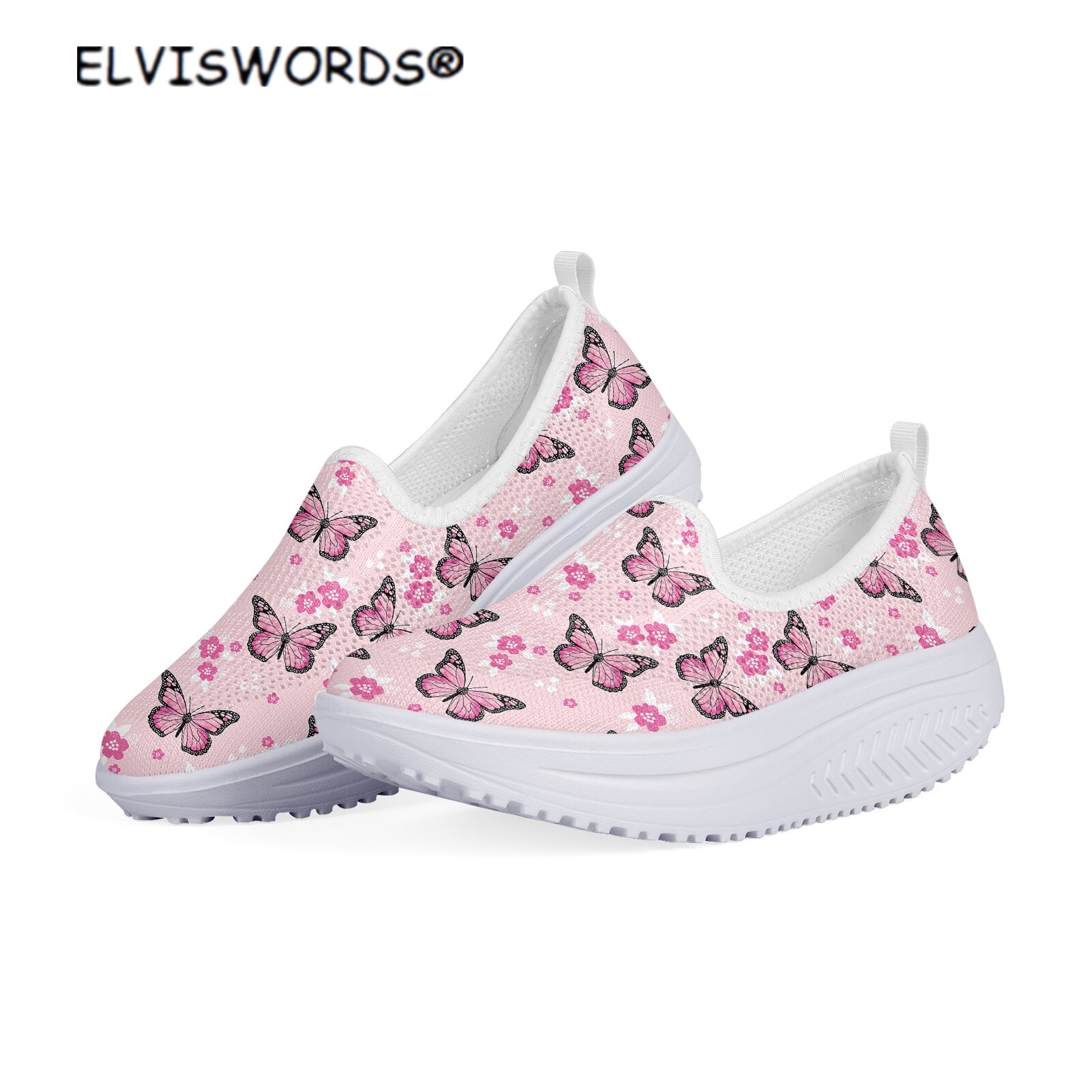 ELVISWORDS Stylish Butterfly Print Breathable Walking Shoes for Women Ladies Non-slip Slip on Flats Shoes Platform zapatos mujer