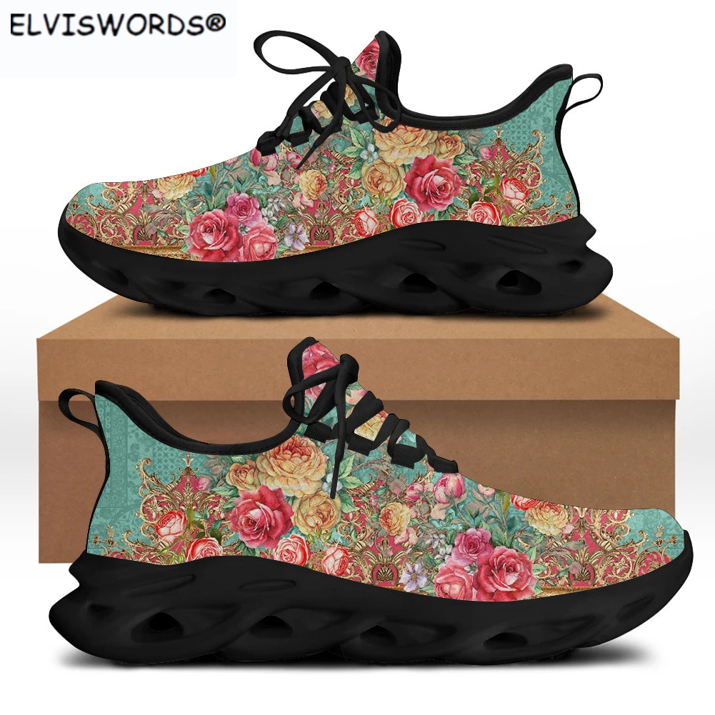 ELVISWORDS Stylish Vintage Flowers Design Breathable Ladies Air Mesh Sneakers Casual Women's Walking Shoes zapatos de mujer