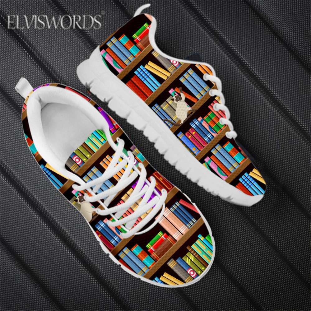 ELVISWORDS Women Flats Shoes Book Shelf Printed Walking shoe Air Mesh Casual Sneaker for Ladies Design Plus Size Chaussure Femme