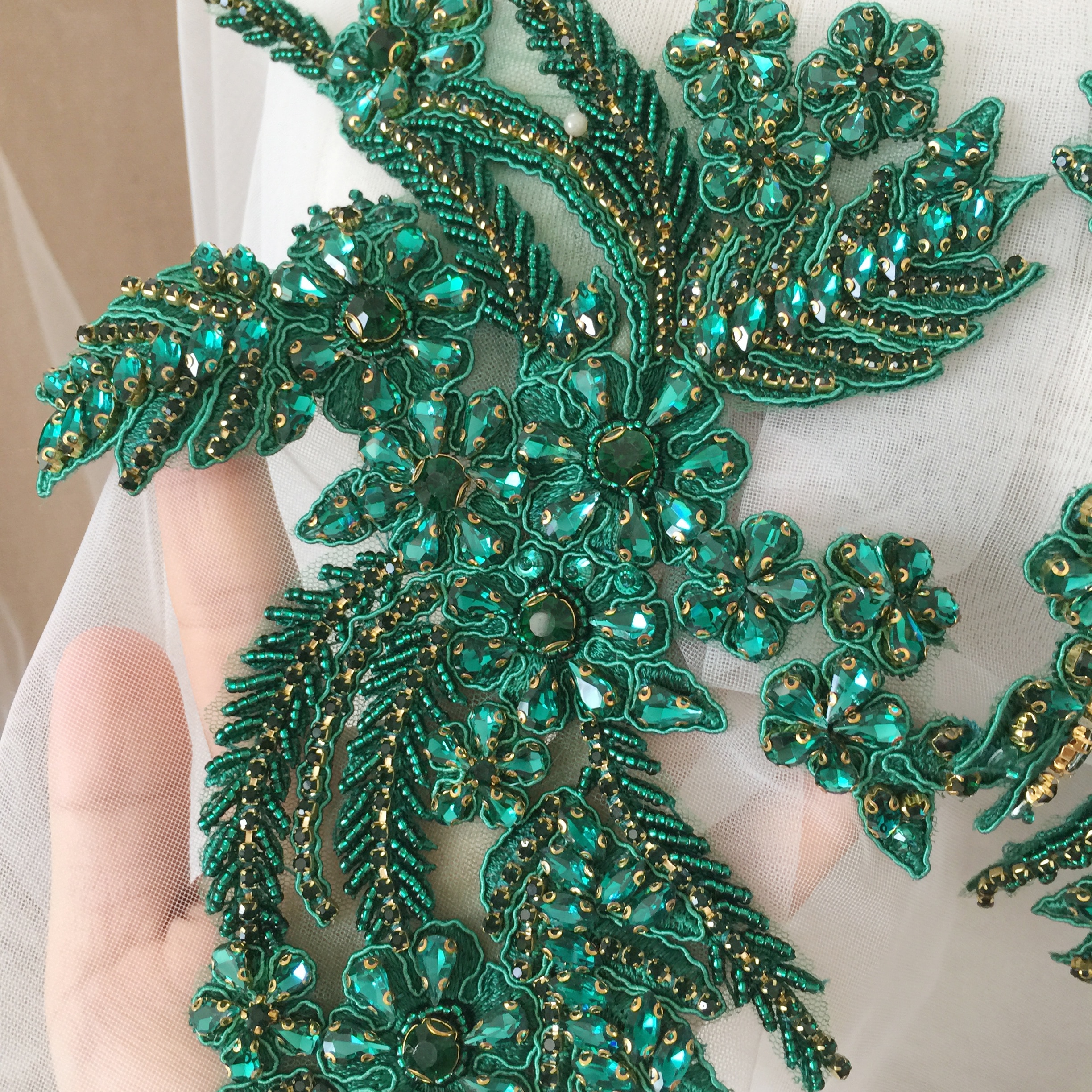 Emerald Green Rhinestone Beaded Lace Applique Pair , Wedding Gown Bridal Dress Emebllishment Accessories ,Crystal Beaded Birdal