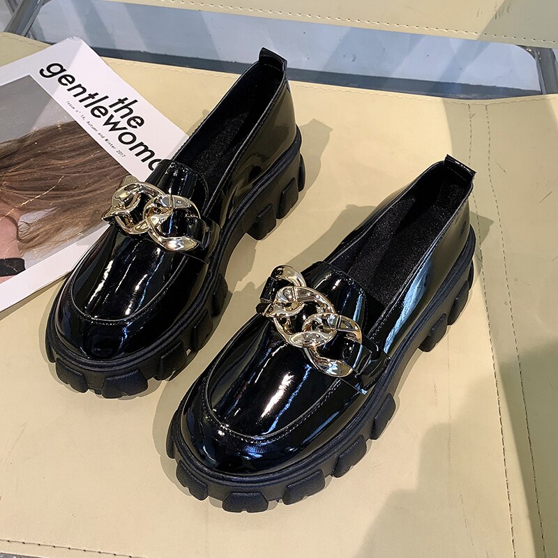 Emo Designer Brand Luxury Women Fashion Black Alt Platform Flats Shoes Loafers Slip On Shoe Metal Chain Casual Leather Oxfords