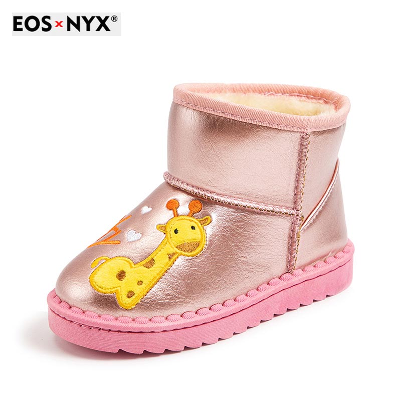 EOSNYX 2021 New Winter Children Snow Boots Leather Wool Girls Boots Plush Boy Warm Shoes Fashion Kids Boots Baby Toddler Shoes