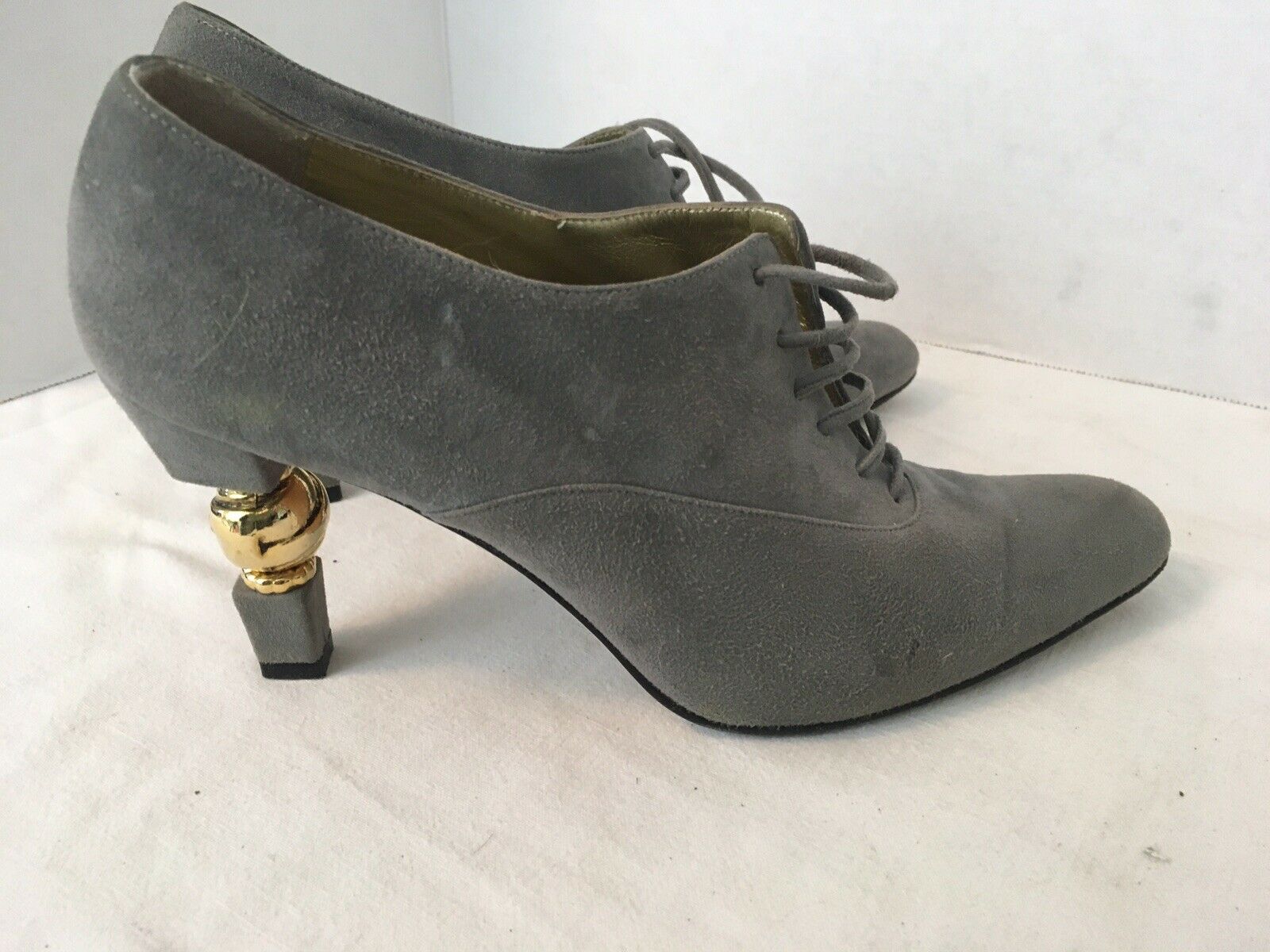 ESCADA Women's Gray Suede Heel Shoes with Gold Heel Inserts Size 6.5B