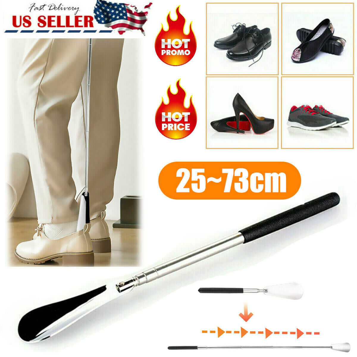 Extra Long Handle Shoe Horn Stainless Steel 25" Handled Metal Shoehorn Horns