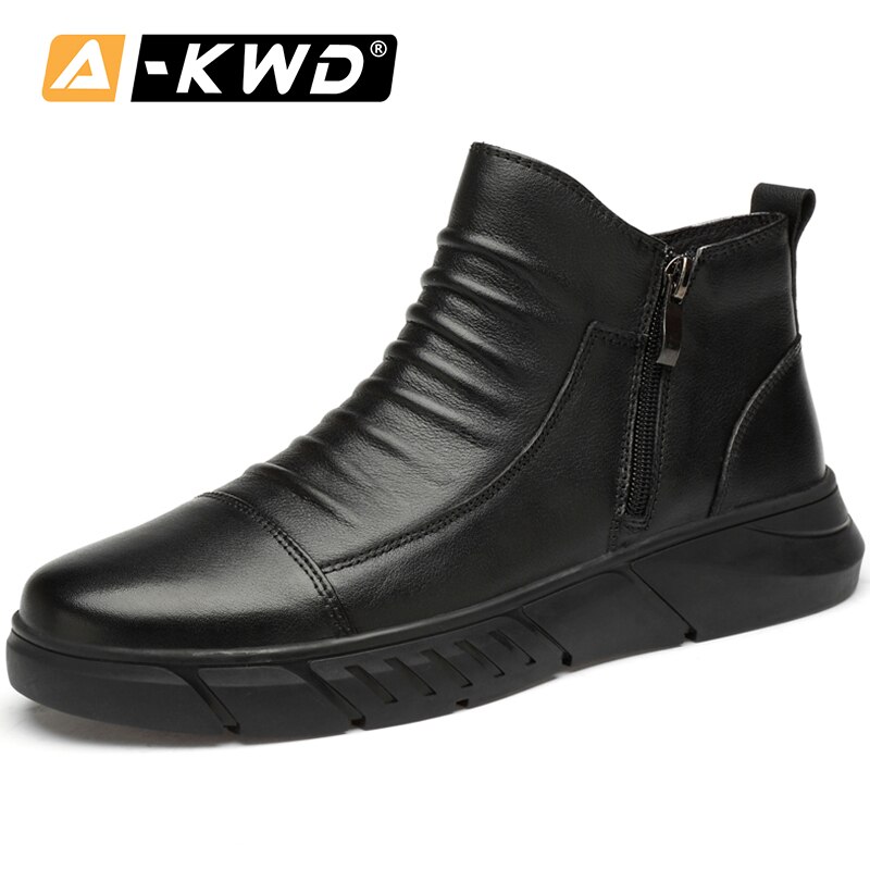 Fashiion Shoes 2019 Black Zipper Boots Man Keep Warm Fur Genuine Leather Steel Toe Boots Breathable Cool Single Mens Dress Boots