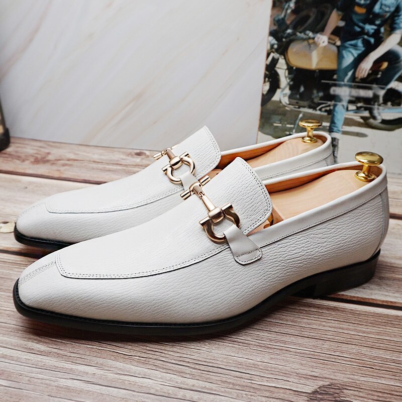 Fashion Brand Men Casual Genuine Leather Shoes White Horsebit Loafers Men's Formal Dress Office Wedding Luxury High Quality Shoe