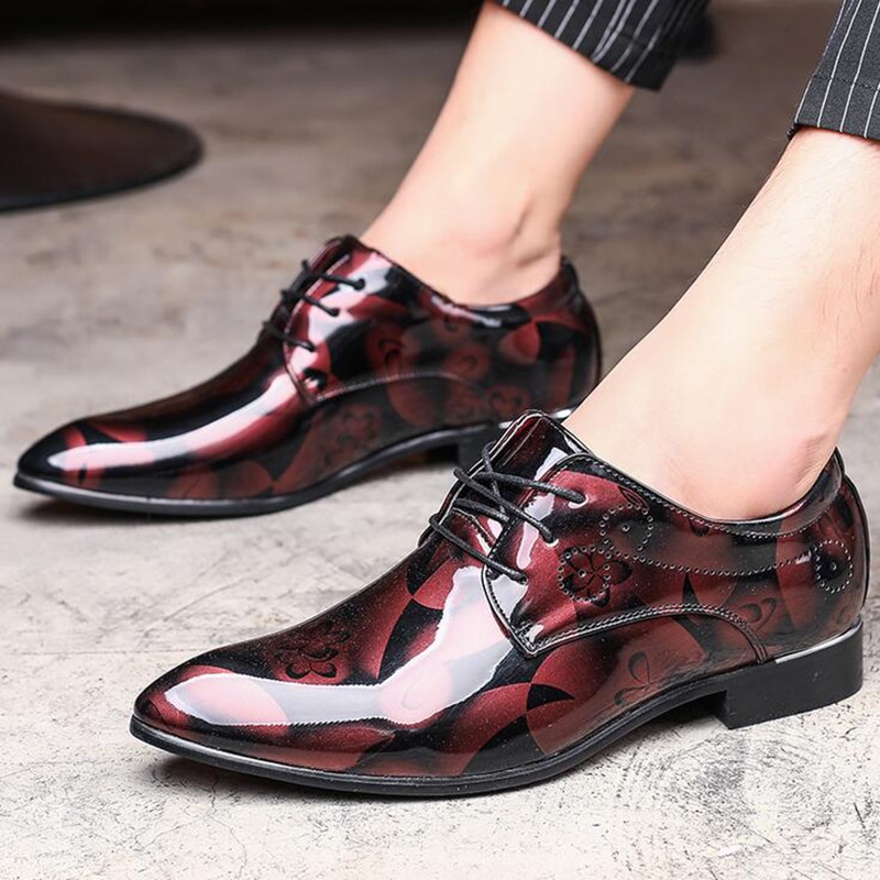 Fashion Men Casual Oxford Shoes Men's Red Print Business formal Leather Dress Shoes Wedding Party Men classic shiny Shoes