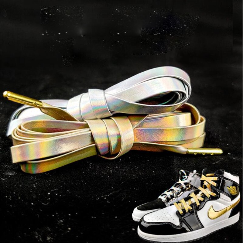 Fashion Microfiber Soft Laser Leather Laser Silver Gold Shoelaces 120cm Women Men Sports Casual Basketball Shoes Laces