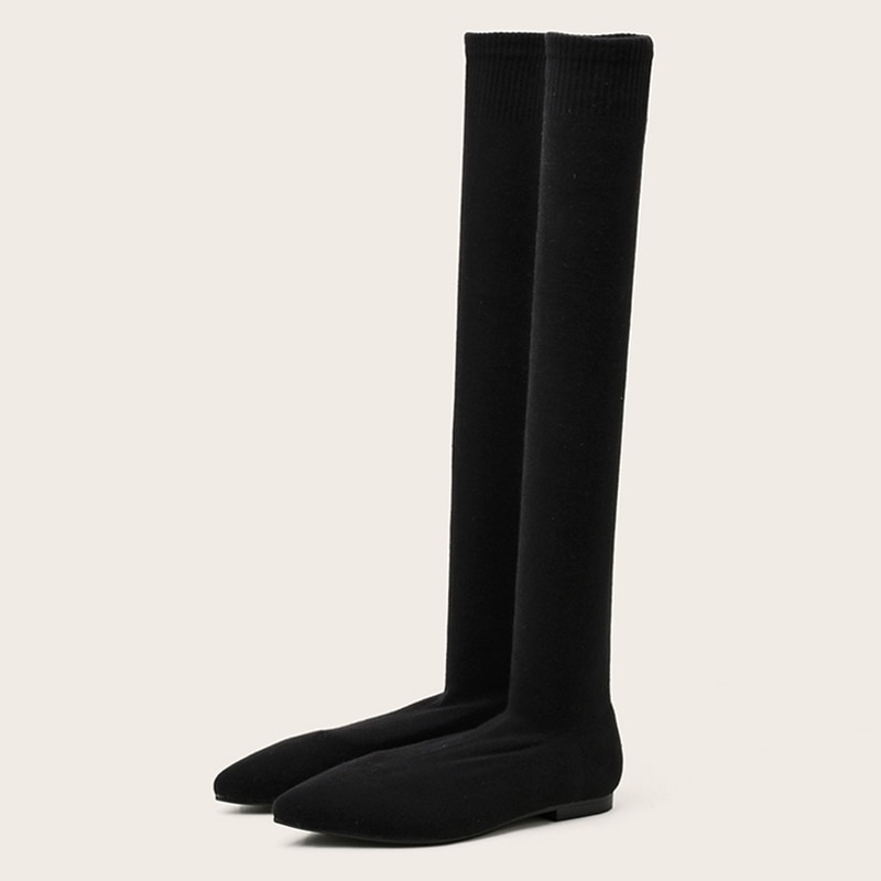 Fashion Slim Leg Thigh High Sock Boots Women Cozy Gray Stretch Fabric Pointed Toe Flat Heels Over The Knee Slip On Shoes Casual
