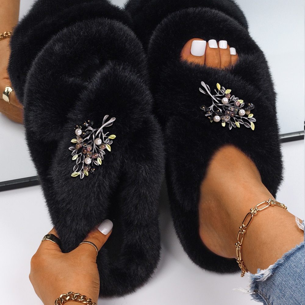 Fashion Slippers Women Olive Branch Faux Fur Slides Fur Sandals Platform Flip Flop Pearl Slippers Luxury Designer Casual Shoes