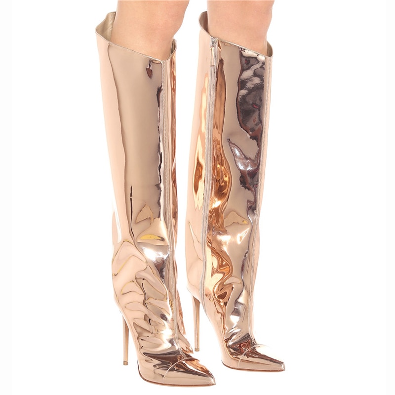 Fashion Women's Shoes Pointed Toe Stilettos Heels Zipper Elegant Ladies Boots Gold Silver Rivets Knee High Boots Women