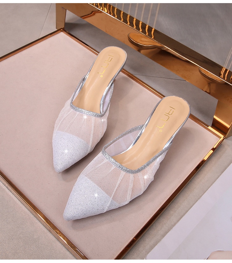 Female Air Mesh Glitter Shoes Thin Cat Heels Slippers Women Mules Pointed Toe Lace Slides Home Elegant Ol Dressy Low Heels Shoes