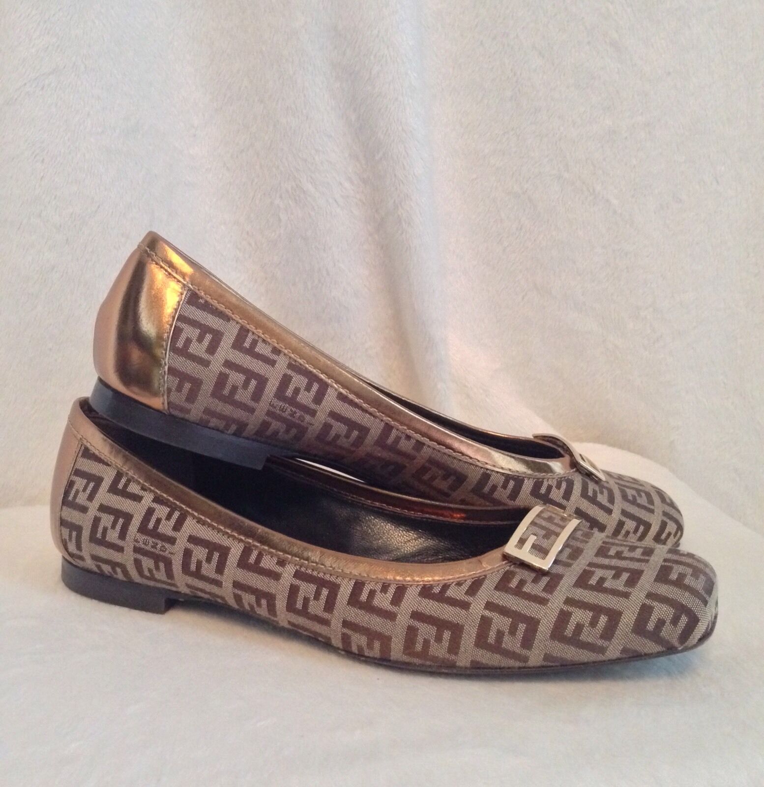 FENDI Tan Monogram Canvas Bronze Leather Car Shoes Flats, Size 39, 8.5 or 9