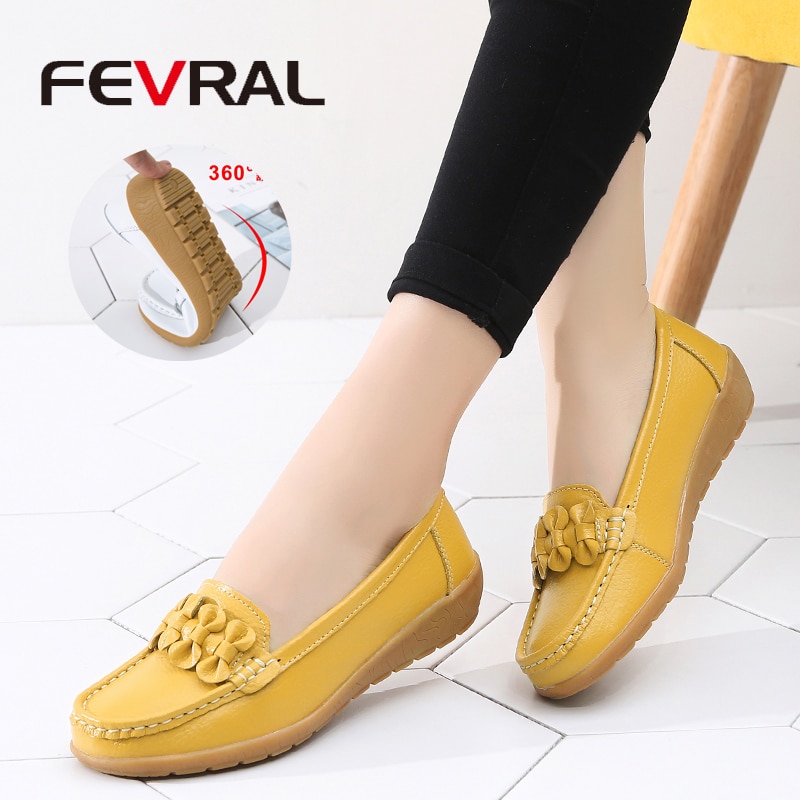 FEVRAL 2021 Woman Loafers Genuine Leather Flat Shoes Ballet Flats Slip On Female Moccasins Casual Dress Peas Extra Wide Shoes