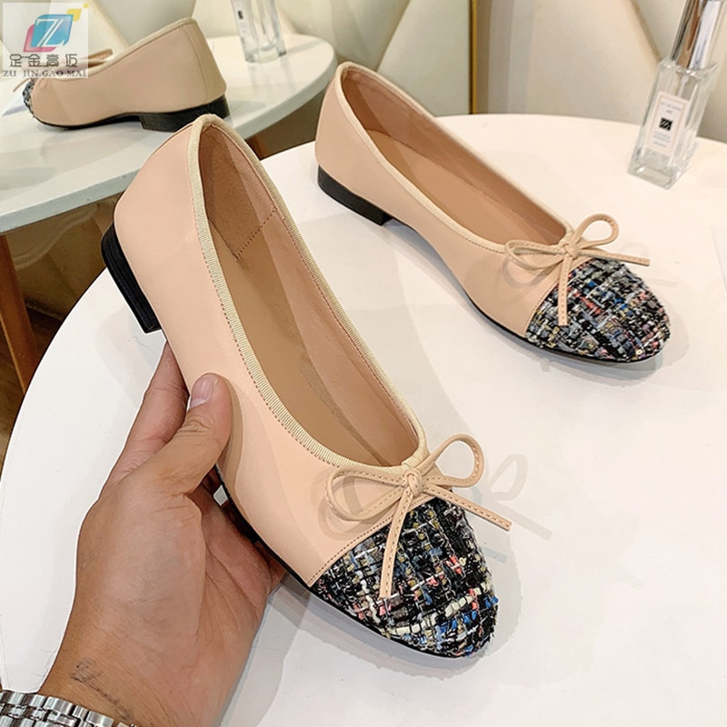 Flats Shoes Woman Basic 2022 Leather Tweed Cloth Two Color Stitching Bow Ballet Round Toe Work Shoe Fashion Flats Women Shoes