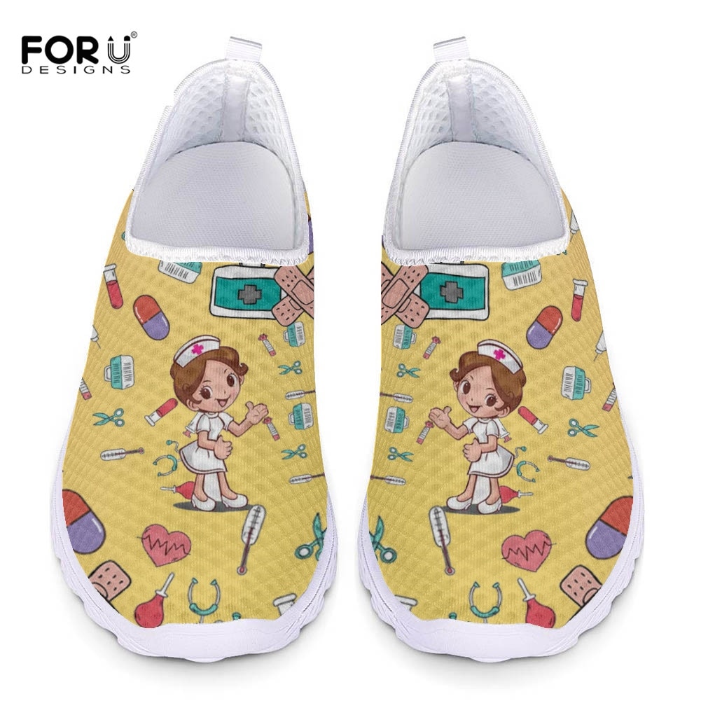 FORUDESIGNS Cute Cartoon Women Nursing Shoes Casual Flat Shoes for Lady Female Slip on Flats Comfort Breathable Walking Footwear
